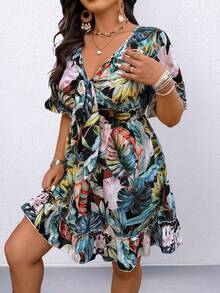 Plus Size V-Neck Waisted Floral Print Dress, Fashionable And Slimming - Blue - View 4