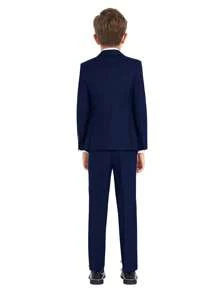 4件套幼儿男童藏蓝色西装套装，包括外套、裤子、领带、领结，适合婚礼/正式场合 - 藍色 - 查看 2