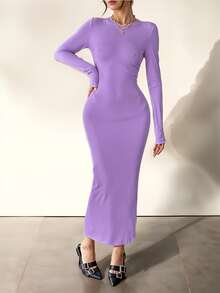 Long Sleeve Midi DressPlainElegantSLAPPETSRibbed