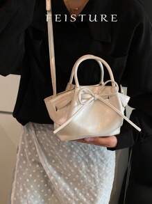 1 pieza Bolso de mano tipo cesta pequeño, nuevo diseño de lazo y forma de empanadilla para mujer primavera-verano, con cierre magnético y correa para el hombro larga, adecuado para niñas, damas, estudiantes universitarias y trabajadoras de oficina, excelente para el trabajo, los negocios, ir y venir del colegio
