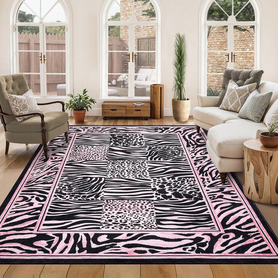 ANPHON Pearl Velvet Modern Animal Pattern Pearl Velvet Area Rug  Machine Washable Ultra Thin Vacuum Clean Non Slip Non Shedding Stain Resistant Pet Friendly  Easy To Clean Floor Decor For Living Room Bedroom Kitchen  Bathroom Hallways - 粉色 - 查看 1