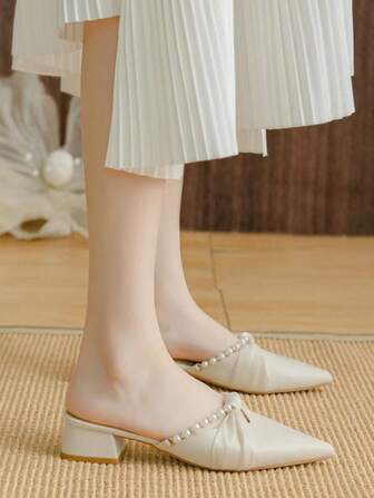 女士夏季粗跟尖头穆勒凉鞋，时尚一脚蹬中跟休闲拖鞋