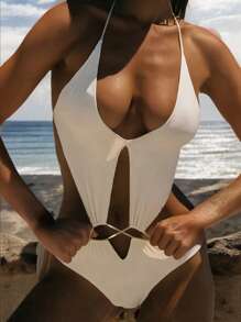 1pc White Women's Hollow-Out Halter Backless One-Piece Swimsuit For Beach Vacation