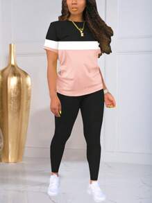 Contrast Color Print Sporty Round Neck Short Sleeve Top & Leggings