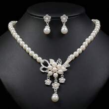 Fashion Rhinestone Flower & Pearl Necklace With Matching Clip-On Earrings Set