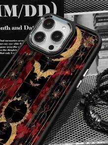 1pc Gothic Style Metal Frame Shock-Resistant Phone Case, Color Blocking Bat & Crescent Moon Floral Print, Compatible With Iphone 7/X/11/12/13/14/15/16/16Pro/16ProMax Series