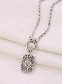 1pc Stainless Steel Moon Pendant Necklace For Women Fashion Engraved Square Charms Twist Chain Necklaces Jewelry Gift