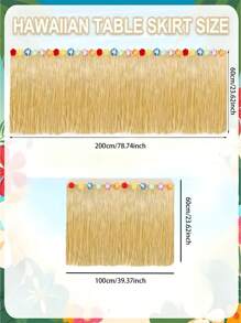 78.7inch Grass Color Grass Table Skirts, Hawaiian Party Grass Table Skirts, Natural Grass Table Skirts, Grass Yellow With Hibiscus Flowers, Hawaiian Party Tropical Party Decorations, Tassel Party Decorations, Summer Hawaiian Theme Party Supplies - Khaki - View 3