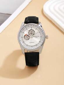 1pc Automatic Mechanical Hollow Dial Leather Strap Watch, Fashion Business Men's Gift