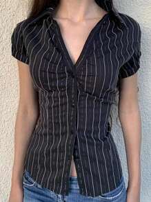 阳光少女夏季女装毕业季学院风 Y2K 条纹印花前扣修身短袖衬衫 - 黑色 - 查看 5