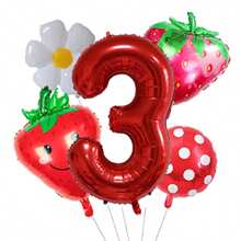 5pcs 32 Inch 1-9 Red Number Strawberry Foil Balloon Set, Strawberry Theme Birthday, Anniversary, Wedding Anniversary, Party Decoration Foil Balloons