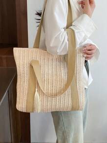大容量编织草编沙滩包。女士纯色夏季假日手提包。新款时尚编织大容量手提包，简约别致编织手提包 - 卡其色 - 查看 7