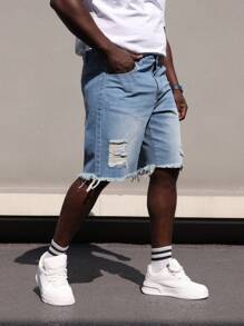 Herren Denim Shorts in Große Größen, Hellblau, Used-Optik, ausgefranster Saum