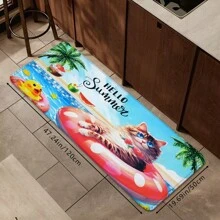 1pc Creative Summer Multicolor Pool Kitty Printed Doormat, Soft Non-Slip Absorbent Machine Washable Anti-Fatigue Kitchen Mat, Rectangular Low Pile Rug For Living Room, Bedroom, Kitchen, Laundry Room, Holiday Home Decor