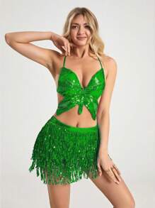 2pcs Halloween Sequin Butterfly Bra Top & Shorts, Dance Performance Costume, Belly Dancing & Latin Dances