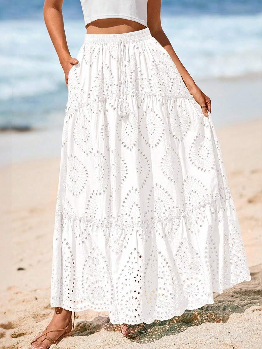 Women's Casual Lace Embroidery Eyelet Elastic High Waist Tiered A-Line Flowy Long Skirt Summer Boho Bohemian Beach Spring Holiday Vacation Going Out Valentine Long Maxi Skirt Outfits - trắng - Xem 1