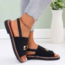Summer New One-Toe Sandals For Women, Low Heel Flat Breathable Casual Shoes, Elastic Band Beach Slippers - Black - View 2