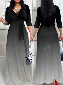 Vestido de manga larga y cuello en V profundo para mujer talla grande, de tela de punto elegante con estampado posicionado, atuendo de verano para vacaciones de mujer