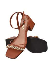 Elegant Geometric Stonework Chunky Block Heel Sandal - 駝色 - 查看 3