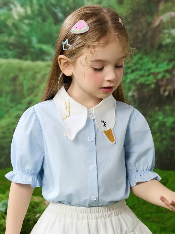 ASK JUNIOR Camisa de mangas abullonadas con bloque de color, linda para niñas jóvenes en verano