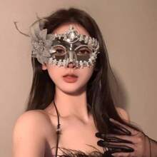 2025 New Venetian Rhinestone Lace Feather Half Face Mask For Women, Halloween Masquerade Cosplay Adjustable Eye Mask Elegant Party Accessories - Multicolor - View 5