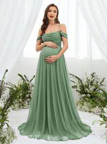 Faeriesty Dressalisa Sophisticated Off-Shoulder Backless Babyshower Dresses With Adjustable Back Ties & Flowing A-Line Silhouette – Perfect For Baby Showers, Formal Events, Wedding Receptions, Gala Dinners, And Maternity Photoshoots