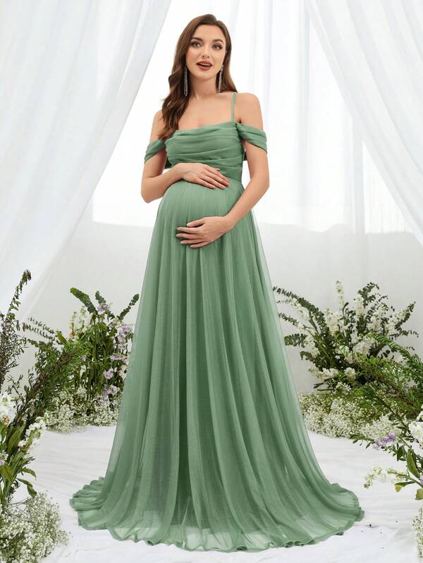 Sophisticated Off-Shoulder Backless Babyshower Dresses With Adjustable Back Ties & Flowing A-Line Silhouette – Perfect For Baby Showers, Formal Events, Wedding Receptions, Gala Dinners, And Maternity Photoshoots