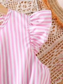 Tween Girl Striped Ruffle Hem Dress With Belt - Pink - View 4