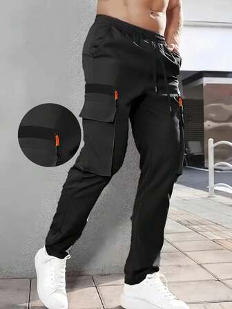 Men's Outdoor Trekking, Fishing, Camping, Mountain Climbing, Fitness, Running, And Casual Fashion Workwear Zipper Large-Pocket Elastic Waistband Slant-Pocket Straight-Leg Gray Pants