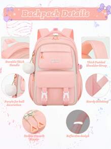 3pcs/Set - Large Capacity Girl's Backpack. Student Bag With Lunch Box Bag And Pencil Case. Simple 15.6-Inch School Laptop Backpack. Outdoor Travel Bag With Plush Ball Pendant. Back-To-School Essential. Suitable For School And Travel
