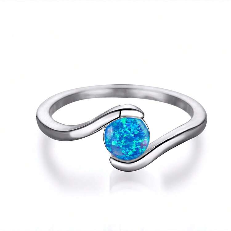 1pc Minimalist Chic Blue Opal Circular Ring, Suitable For Daily Casual Wear - Blue - View 3