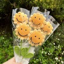 1 件手工钩针向日葵花束，涤纶人造花，用于家居装饰和桌面展示，适合圣诞节、万圣节、复活节、感恩节、情人节和母亲节季节性装饰 - 无需电池礼物生日毕业、花园装饰、户外植物、园艺、假花 - 彩色 - 查看 4