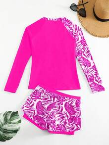 夏季热带印花拼布长袖分体泳衣套装 - 玫紅色 - 查看 2