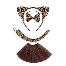 4件套时尚化妆舞会动物发带发卡道具批发豹纹发带豹纹猫耳朵发孔套装适合派对穿着化妆舞会穿着节日礼物生日礼物豹纹耳朵三件套+豹纹脸贴豹纹耳朵三件套+咖啡星纱裙舞会万圣节 - 彩色 - 查看 8