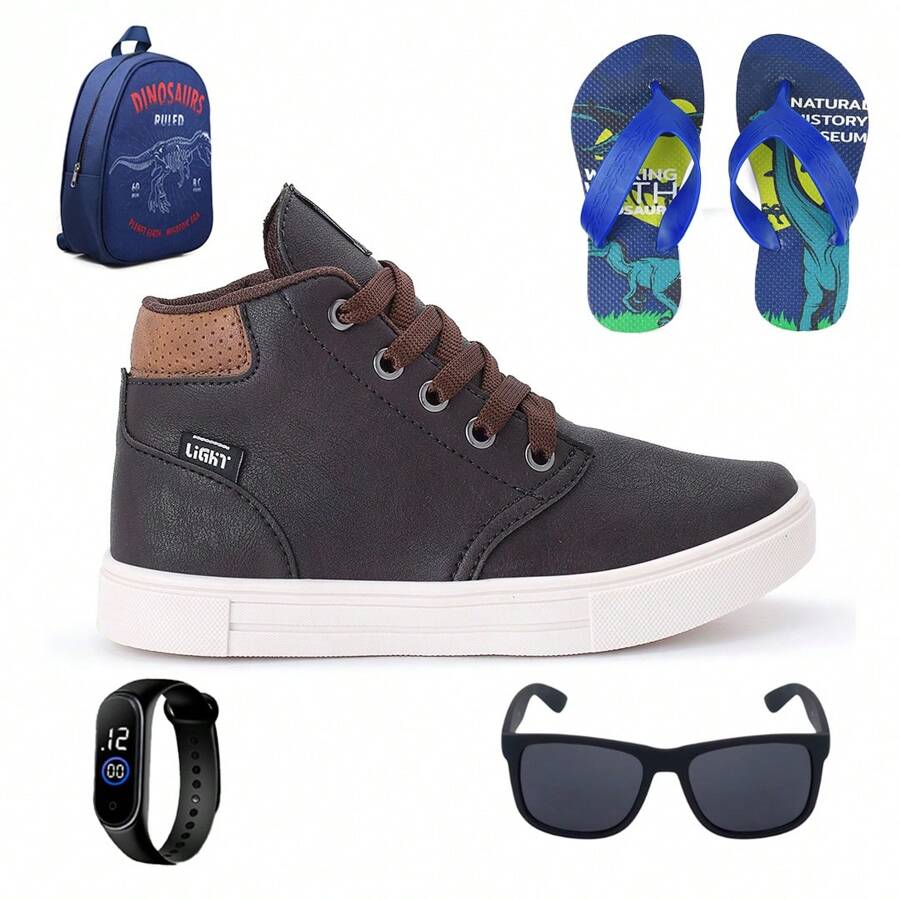 CALCADOS LGHT LIGHT Tenis Botinha Infantil Meninos Casual Cano Alto Confortavel + Mochila Chinelo Oculos Relogio - Café - Visão 1