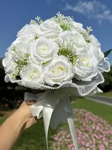 1 件新娘婚礼花束人造花束用于婚礼丝绸新娘伴娘手捧花花束用于情人节装饰婚礼派对用品家居装饰仿珍珠蕾丝网玫瑰花束情人节情人节 - 彩色 - 查看 12