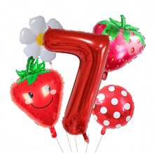 5pcs 32 Inch 1-9 Red Number Strawberry Foil Balloon Set, Strawberry Theme Birthday, Anniversary, Wedding Anniversary, Party Decoration Foil Balloons