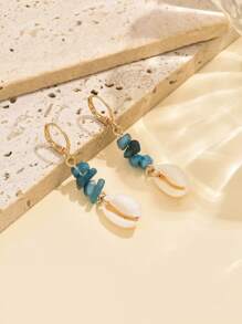 1 Pair Vintage Boho Style Asymmetrical Stone & Shell Beach Hoop Earrings, Simple Creative Earrings - Blue - View 3