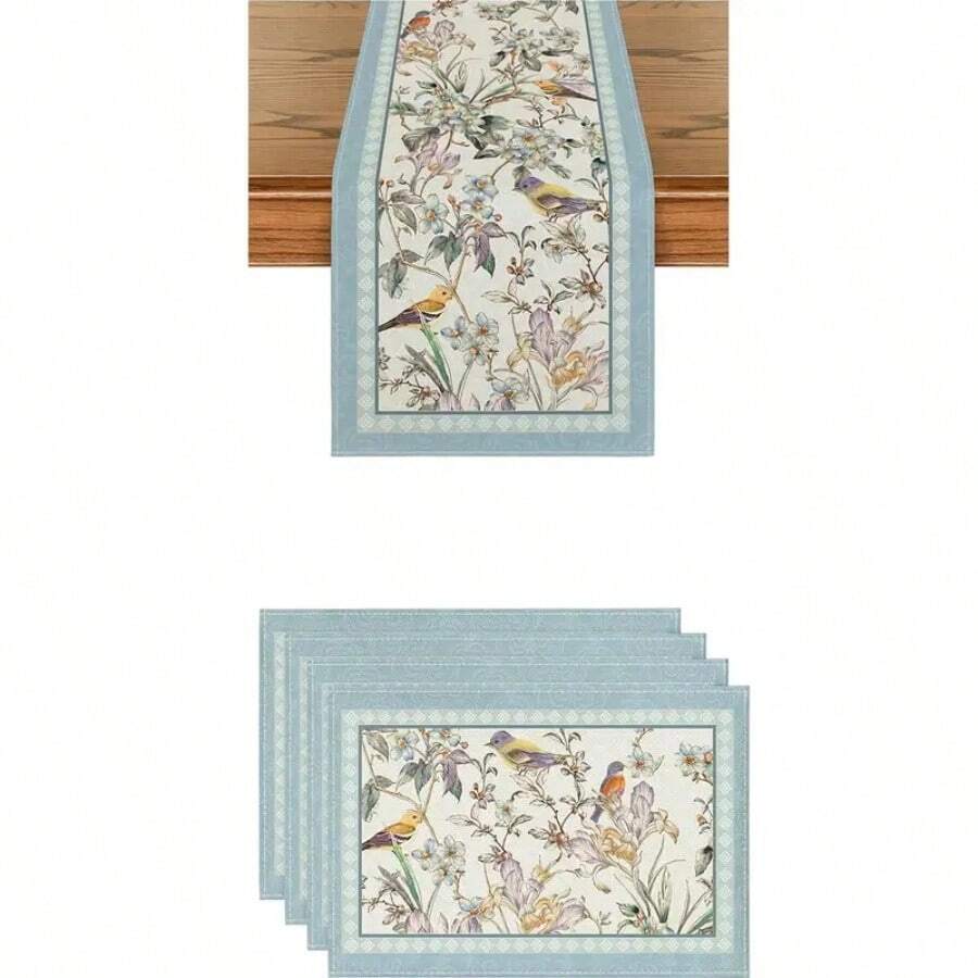 一套 1 件桌旗和 6 件餐垫，采用春季花卉图案设计，可机洗涤纶，多种组合可供选择，耐热，适用于家庭、餐厅、酒店装饰