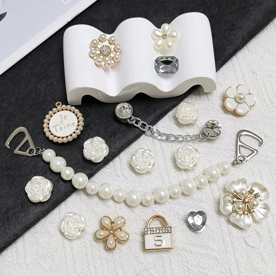 17 件女士时尚鞋夹、奢华串珠鞋饰、仿珍珠鞋链、可拆卸女士装饰、女孩生日礼物 - 白色+金色 - 查看 1