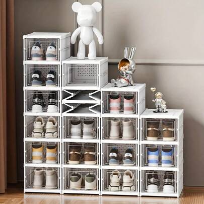 1 件 - 节省空间 3/6 层免安装折叠鞋架 - 自立式防尘收纳盒带盖，可堆叠易安装透气鞋盒，塑料鞋柜，防尘家用收纳盒，大容量节省空间神器