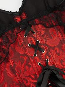 Top plus size feminino com ombros de fora, jacquard, cintura franzida, alça de renda, adequado para festa de ano novo, dia dos namorados, feriado, fantasia de Halloween - Preto e vermelho - Ver 7