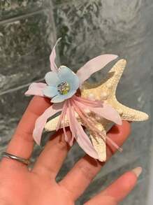 1pc Ocean Theme Hair Clip With Faux Flower, Starfish And Shell Decor Hair Accessory, Double-Sided Flower Hair Claw Clip, Suitable For Daily Life, Vacation, Party Hair Jaw Clip