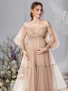 Faeriesty Dressalisa 优雅露肩孕妇礼服，灯笼袖和飘逸薄纱 A 字裙 - 适合新娘送礼会、正式晚宴、花园婚礼、孕妇庆典、高档聚会的婴儿送礼会礼服