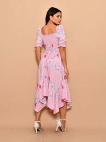 Helena Midi Dress With Printed Crepe Lastex Stitching And Short Sleeves - 乾枯玫瑰色 - 查看 2