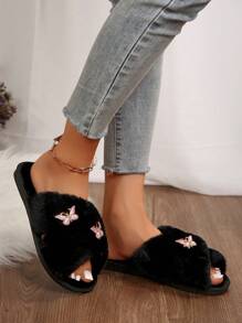 Zapatillas de mujer con diseño de mariposa, zapatillas de estar por casa brillantes e imprescindibles, con características clave antideslizantes y de alta calidad, en color negro - polvo negro - Ver 3