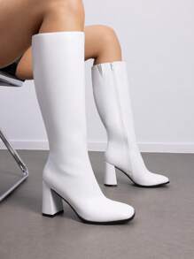 Women's Chunky Heel Go-Go Boots - Square Toe Knee High Side Zip Tall Boots For Casual, Retro, Party - trắng - Xem 2