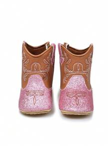 Yibubu Pink Baby Shoes Western Boots Infant Boots Vintage Embroidered Pattern Flat Shoes High-Top Non-Slip First Walking Shoes Outdoor Sports Boots For Infants And Toddlers Spring/Autumn - Pink - View 7