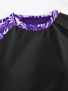 Summer Beach Tropical Print Patchwork Long Sleeve Tankini Swimwear Set - Mauve Purple - View 4