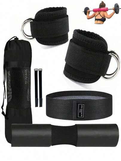 Juego de 7 piezas/1 set: Almohadilla para barra olímpica, accesorios de equipo de fitness que incluye 1 almohadilla para hombros, 2 correas para tobillos, 1 banda de resistencia, 1 bolsa de transporte y 2 correas para almohadilla de hombros. Apto para hombres y mujeres, adecuado para sentadillas, extensiones de piernas, etc. Uso en gimnasio.